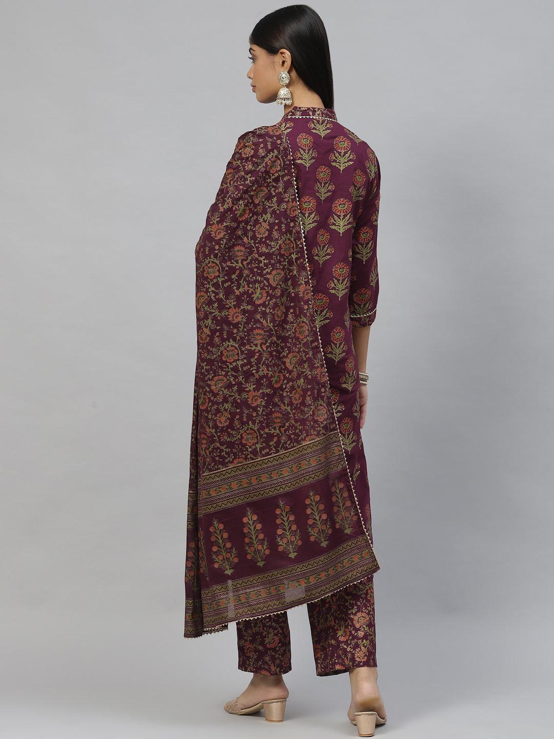  Purple Cotton Straight Kurta Pant Set with Dupatta -  world