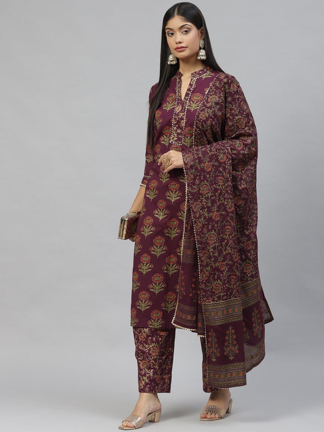  Purple Cotton Straight Kurta Pant Set with Dupatta -  world
