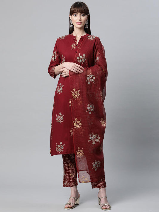  Maroon Rayon Kurta Pant Set with kota doria Dupatta -  world