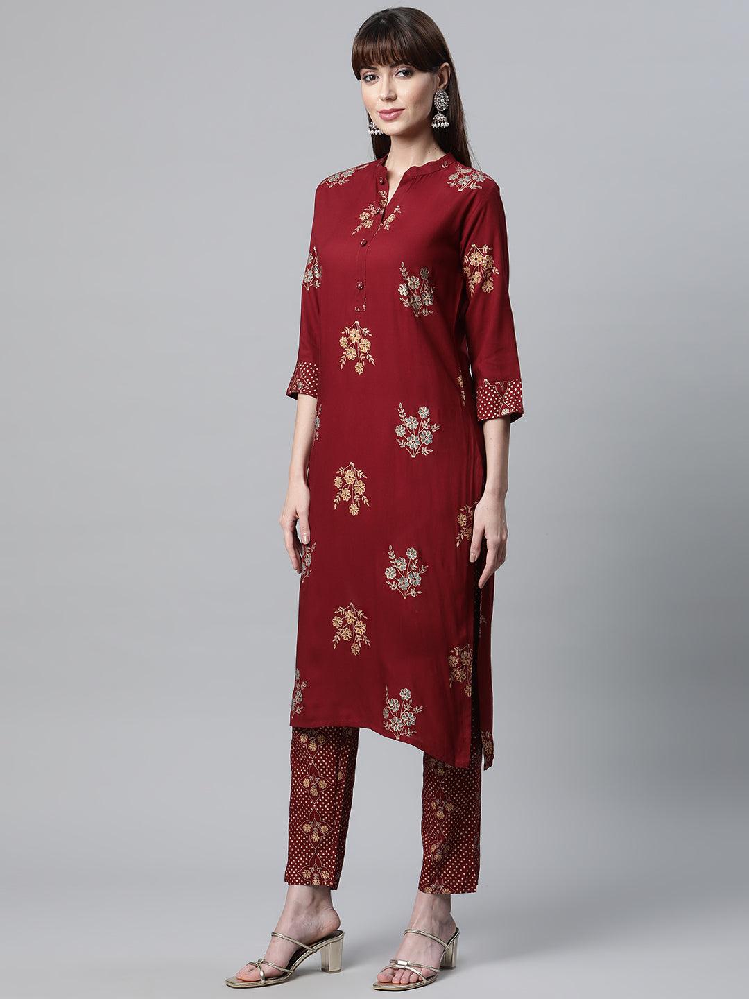  Maroon Rayon Kurta Pant Set with kota doria Dupatta -  world