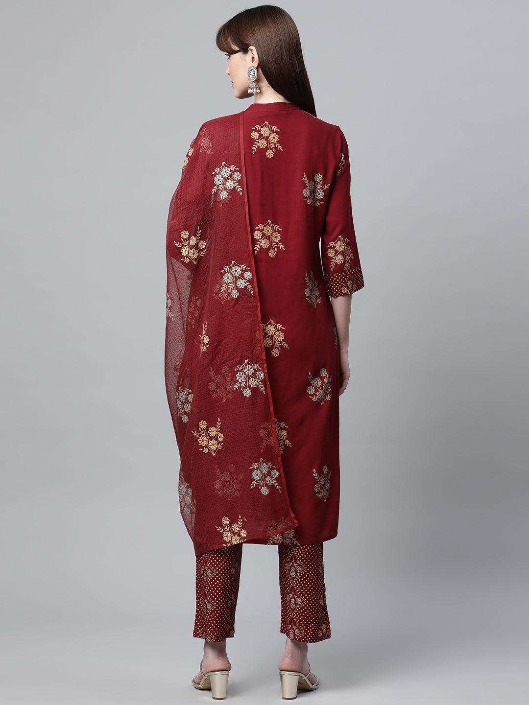  Maroon Rayon Kurta Pant Set with kota doria Dupatta -  world