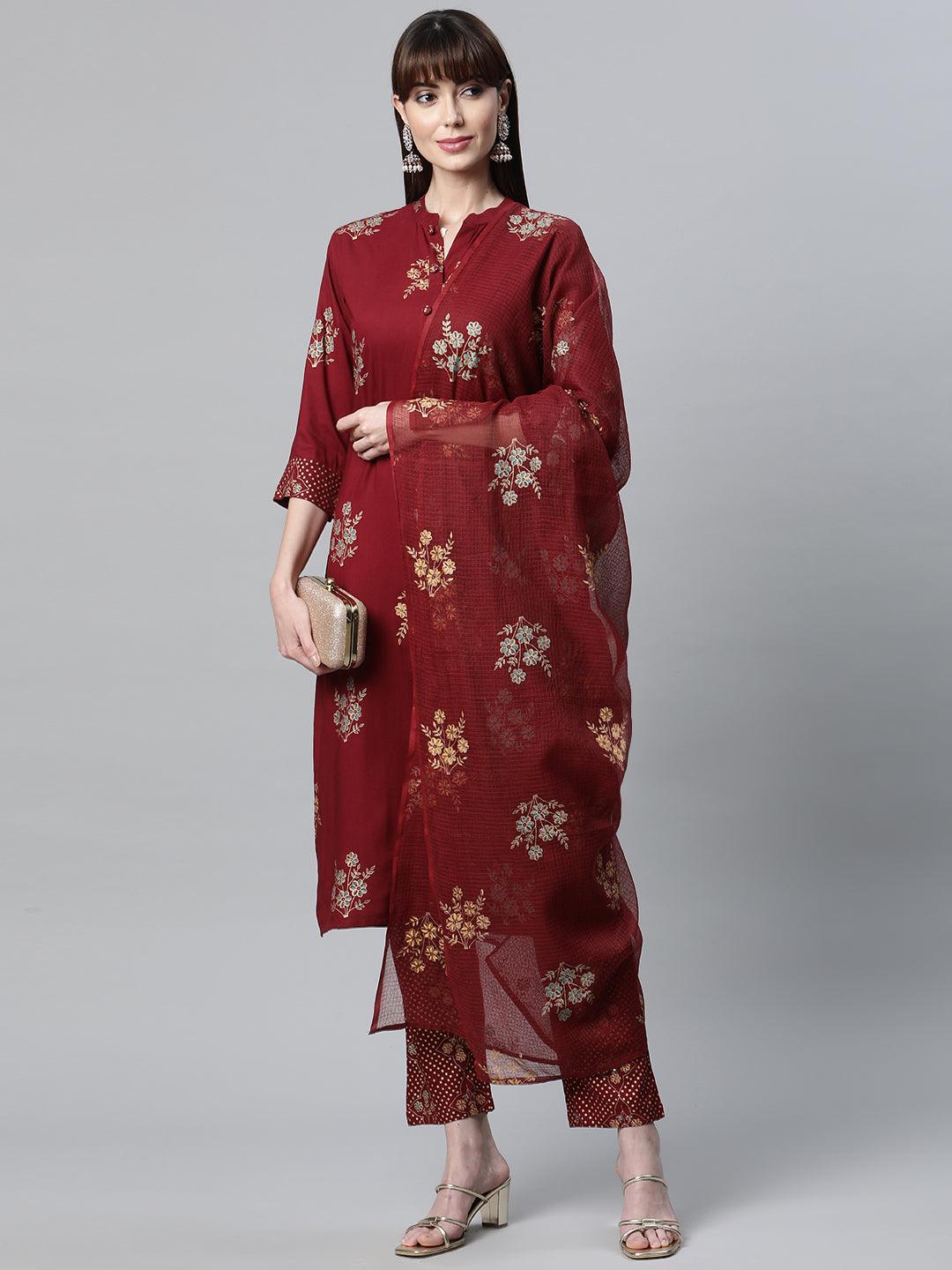  Maroon Rayon Kurta Pant Set with kota doria Dupatta -  world