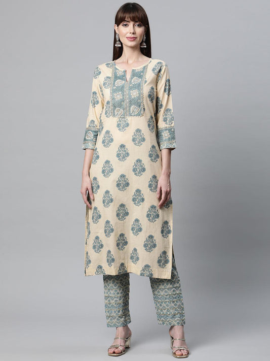  Beige Cotton Straight Kurta Pant Set -  world