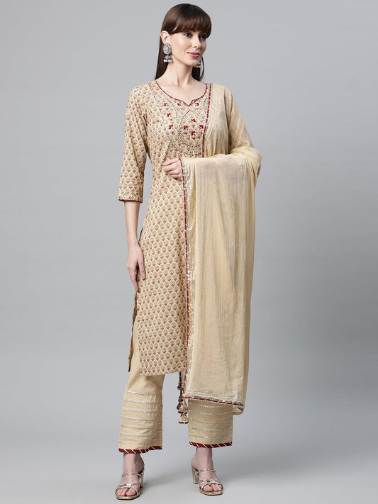  Beige Color Cotton Straight Kurta Pant Set with Dupatta -  world