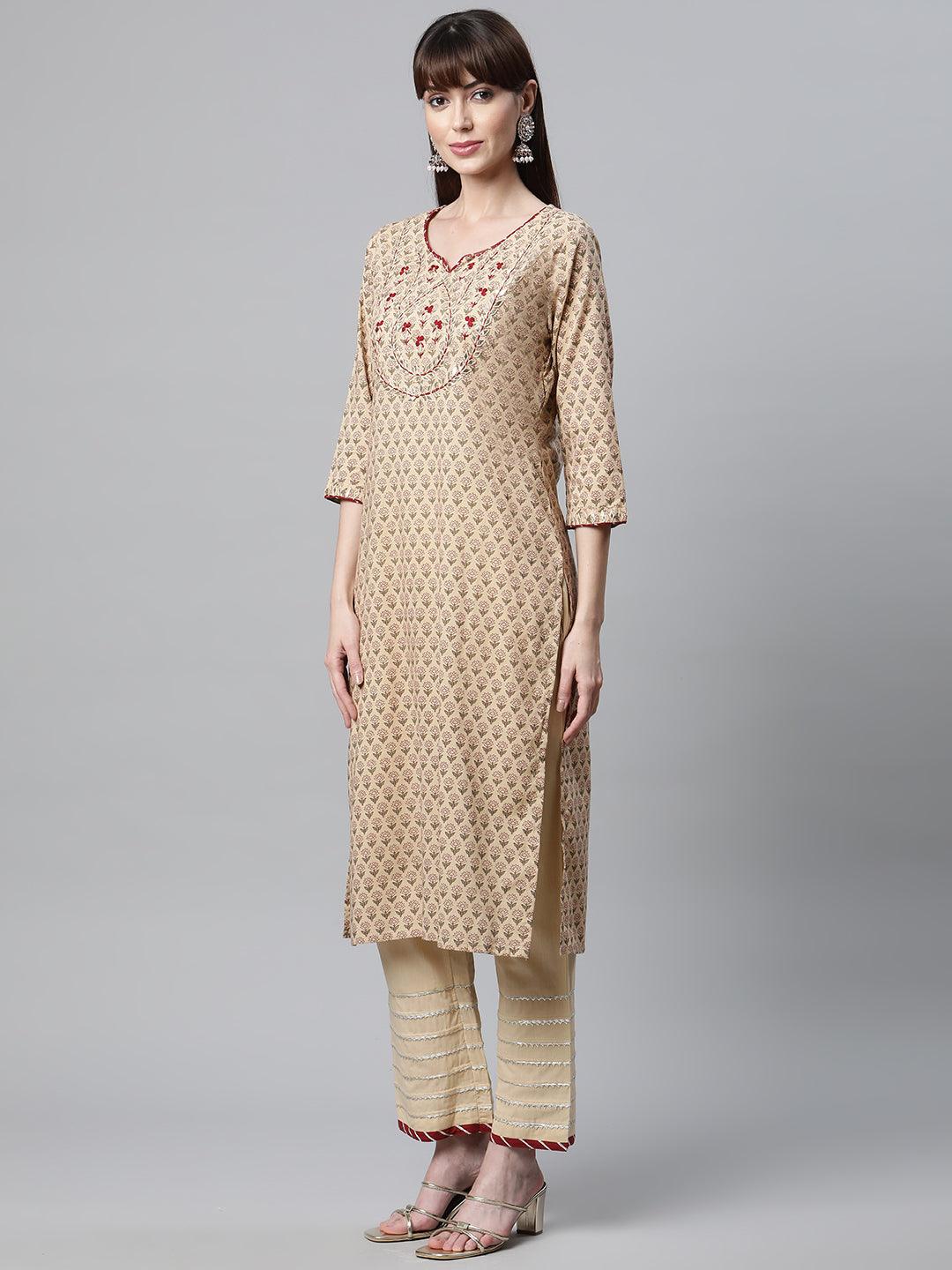  Beige Color Cotton Straight Kurta Pant Set with Dupatta -  world