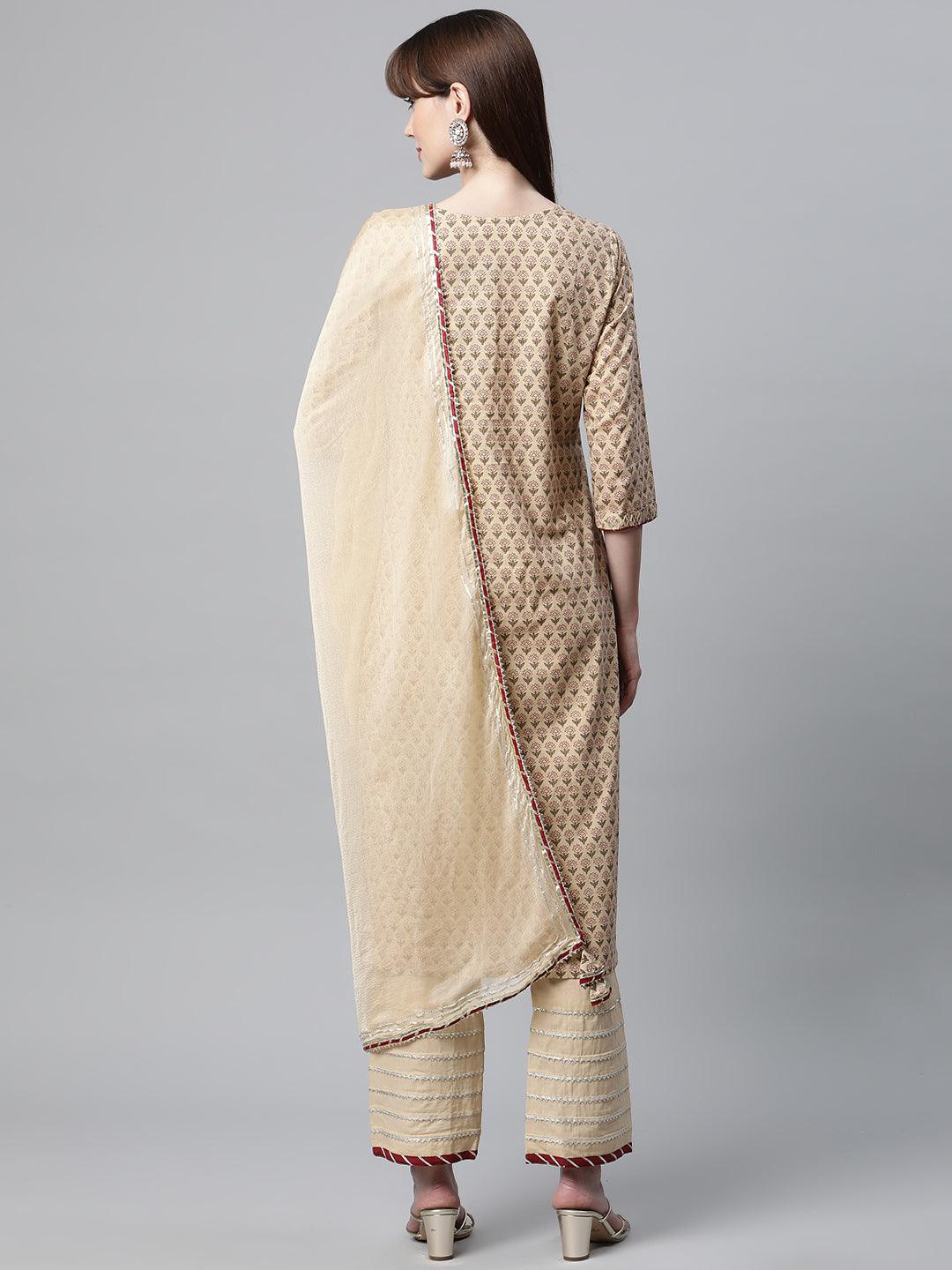  Beige Color Cotton Straight Kurta Pant Set with Dupatta -  world