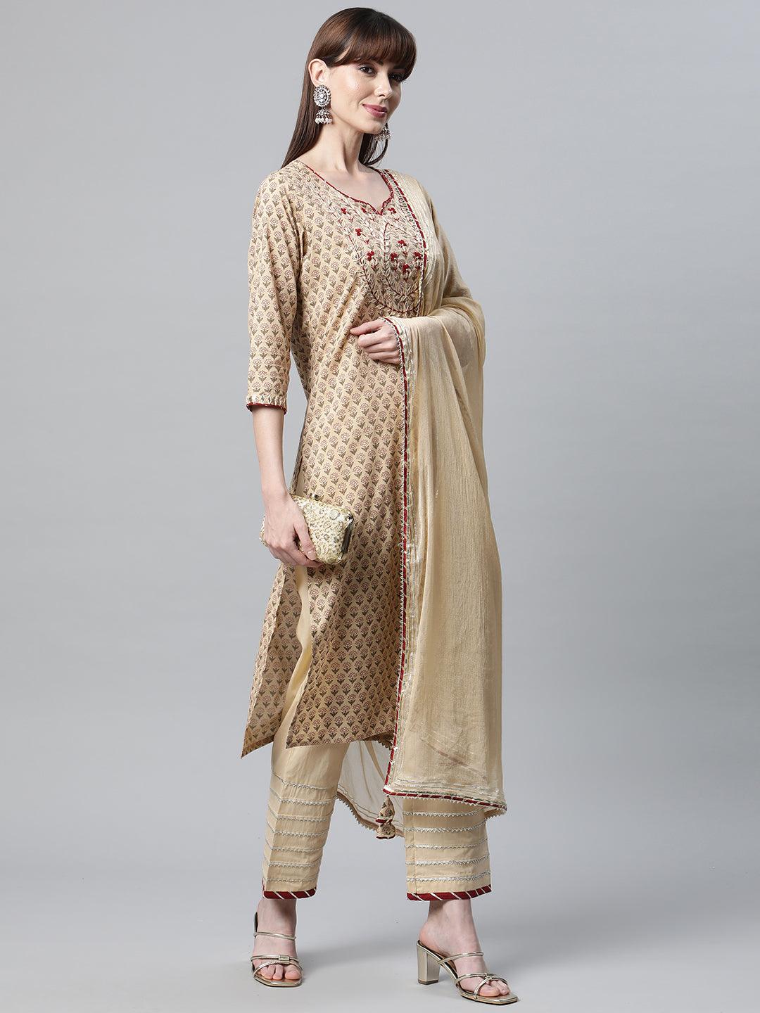  Beige Color Cotton Straight Kurta Pant Set with Dupatta -  world