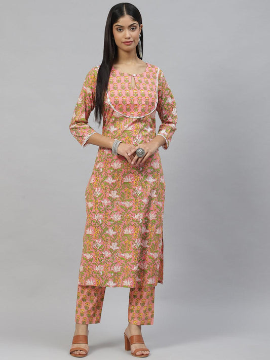  Pink Floral Cotton Kurta Pant Set -  world