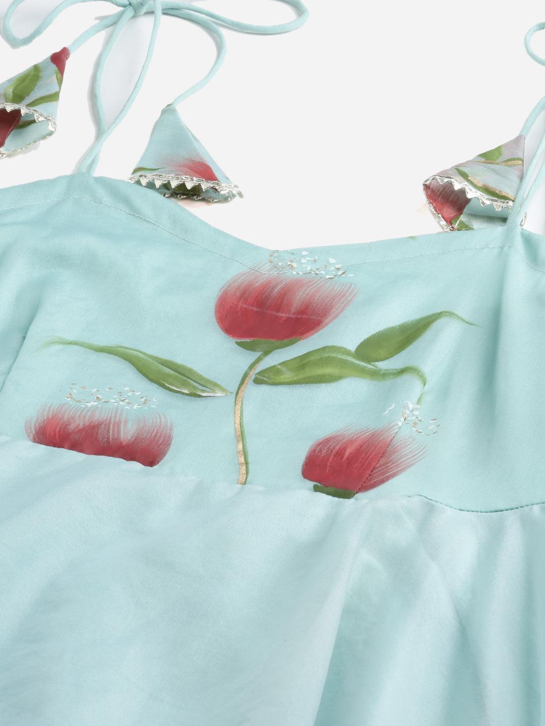  Sky Blue Hand Painted Floral Organza Anarkali Kurta Pant Set with Dupatta -  world