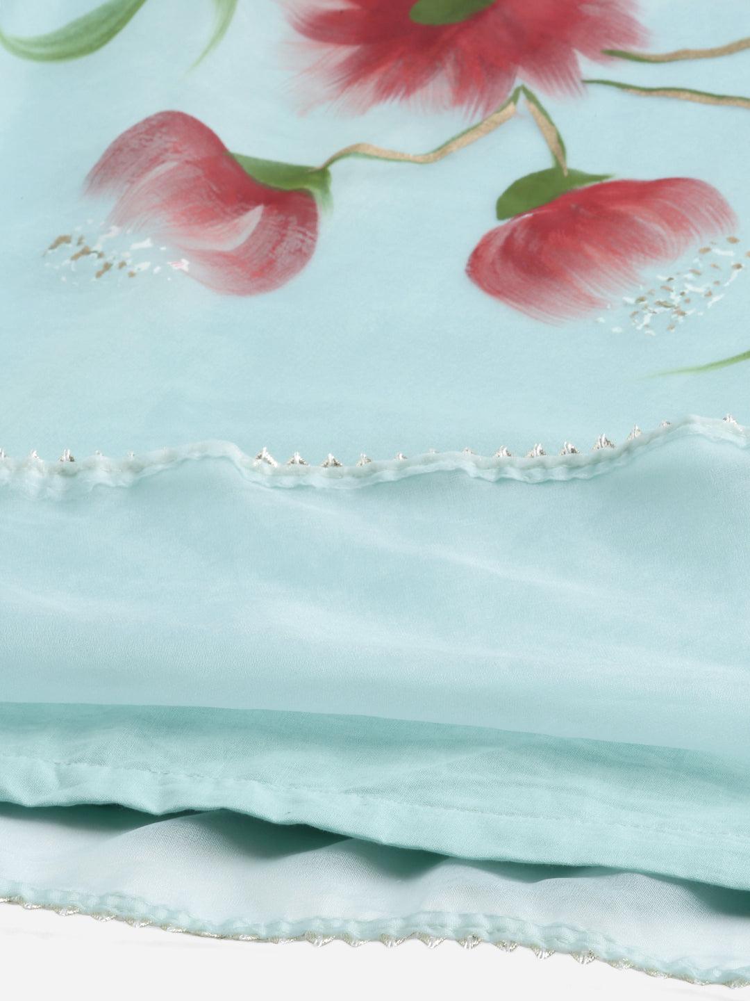  Sky Blue Hand Painted Floral Organza Anarkali Kurta Pant Set with Dupatta -  world