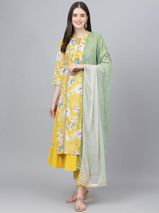  Yellow Cotton Kurta Pant Set with Nazneen Dupatta -  world