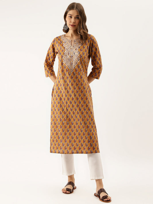 Mustard Floral Printed Cotton Zari Work Kurta for Women