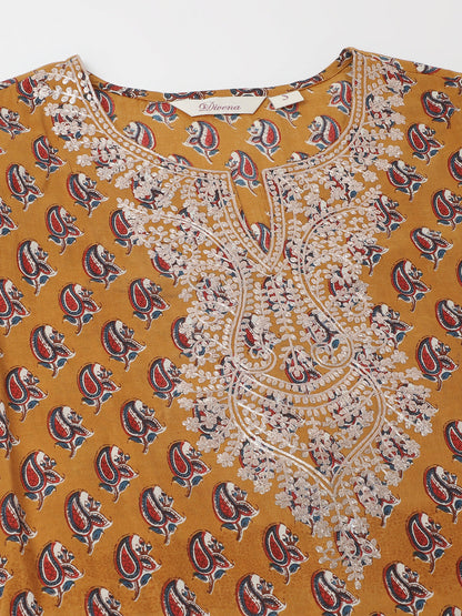 Mustard Floral Printed Cotton Zari Work Kurta for Women