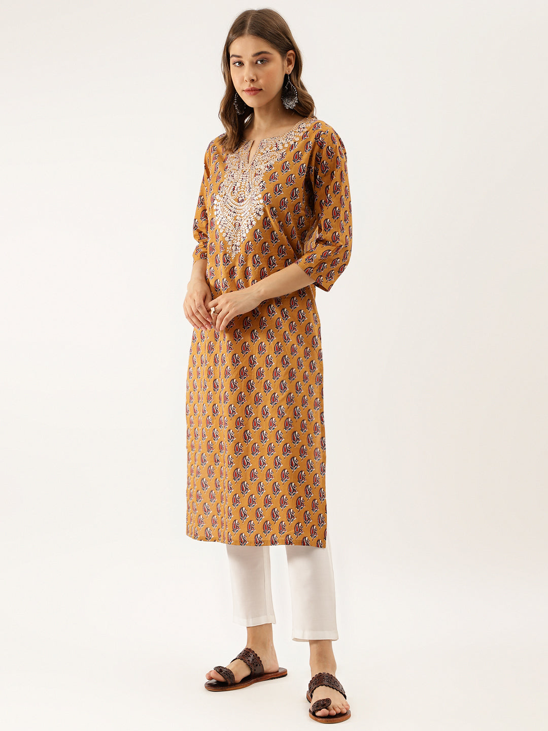 Mustard Floral Printed Cotton Zari Work Kurta for Women