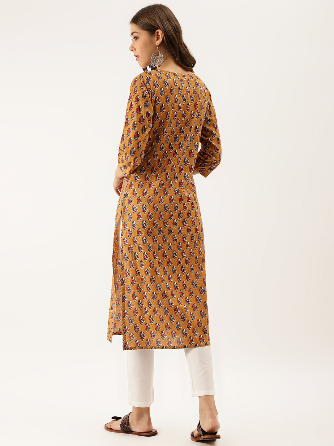 Mustard Floral Printed Cotton Zari Work Kurta for Women