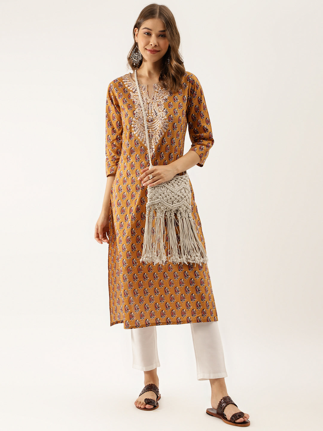 Mustard Floral Printed Cotton Zari Work Kurta for Women