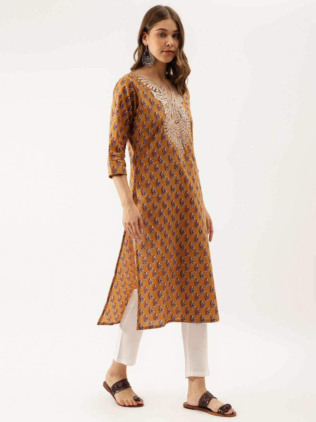 Mustard Floral Printed Cotton Zari Work Kurta for Women