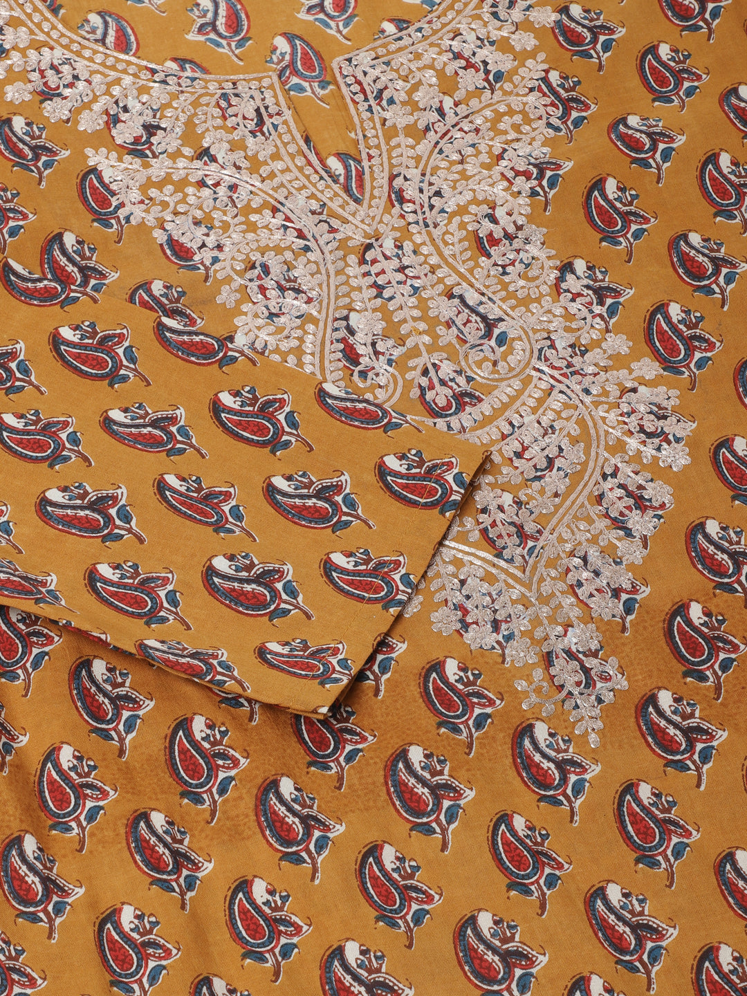 Mustard Floral Printed Cotton Zari Work Kurta for Women