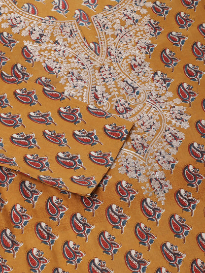 Mustard Floral Printed Cotton Zari Work Kurta for Women