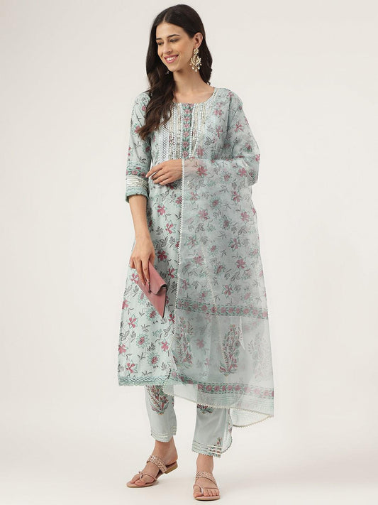  Skyblue Hand Block Cotton Straight pant set with Organza Dupatta -  world