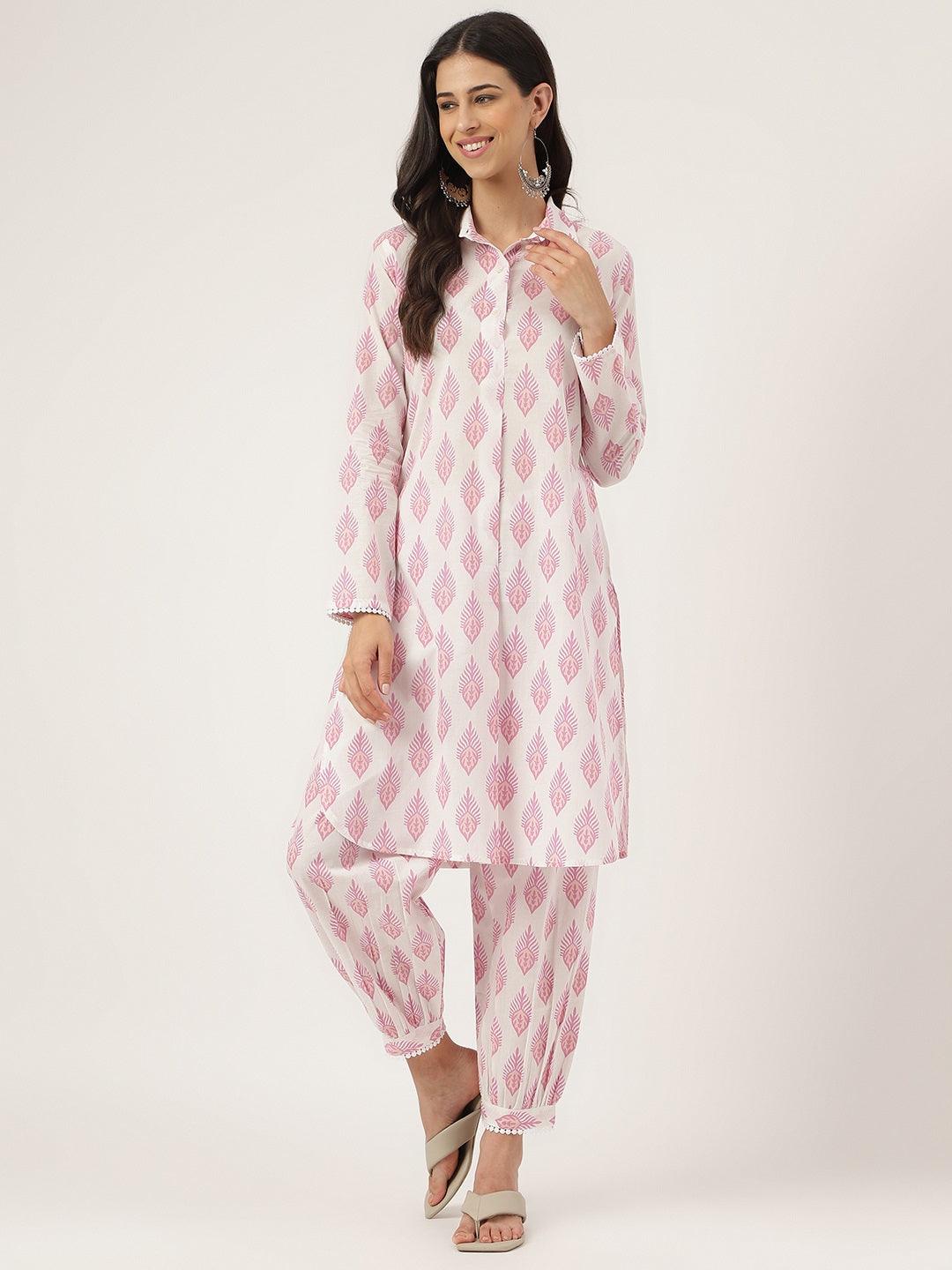  White Cotton Straight Kurta Hem Cuffed Pant set -  world