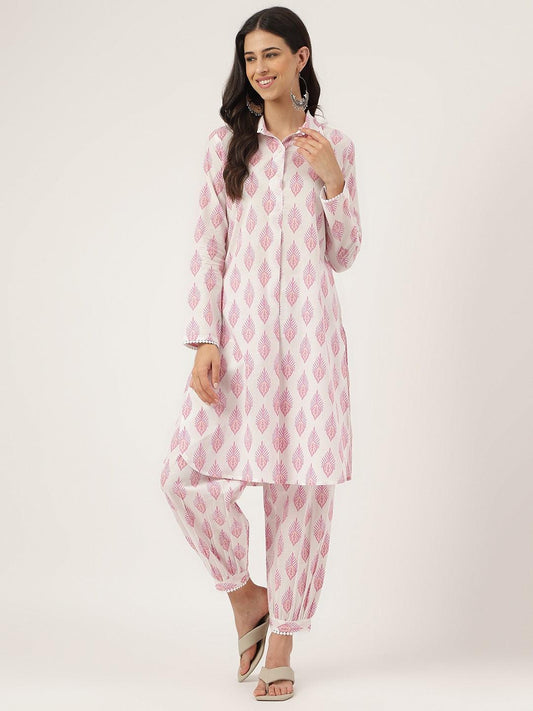  White Cotton Straight Kurta Hem Cuffed Pant set -  world