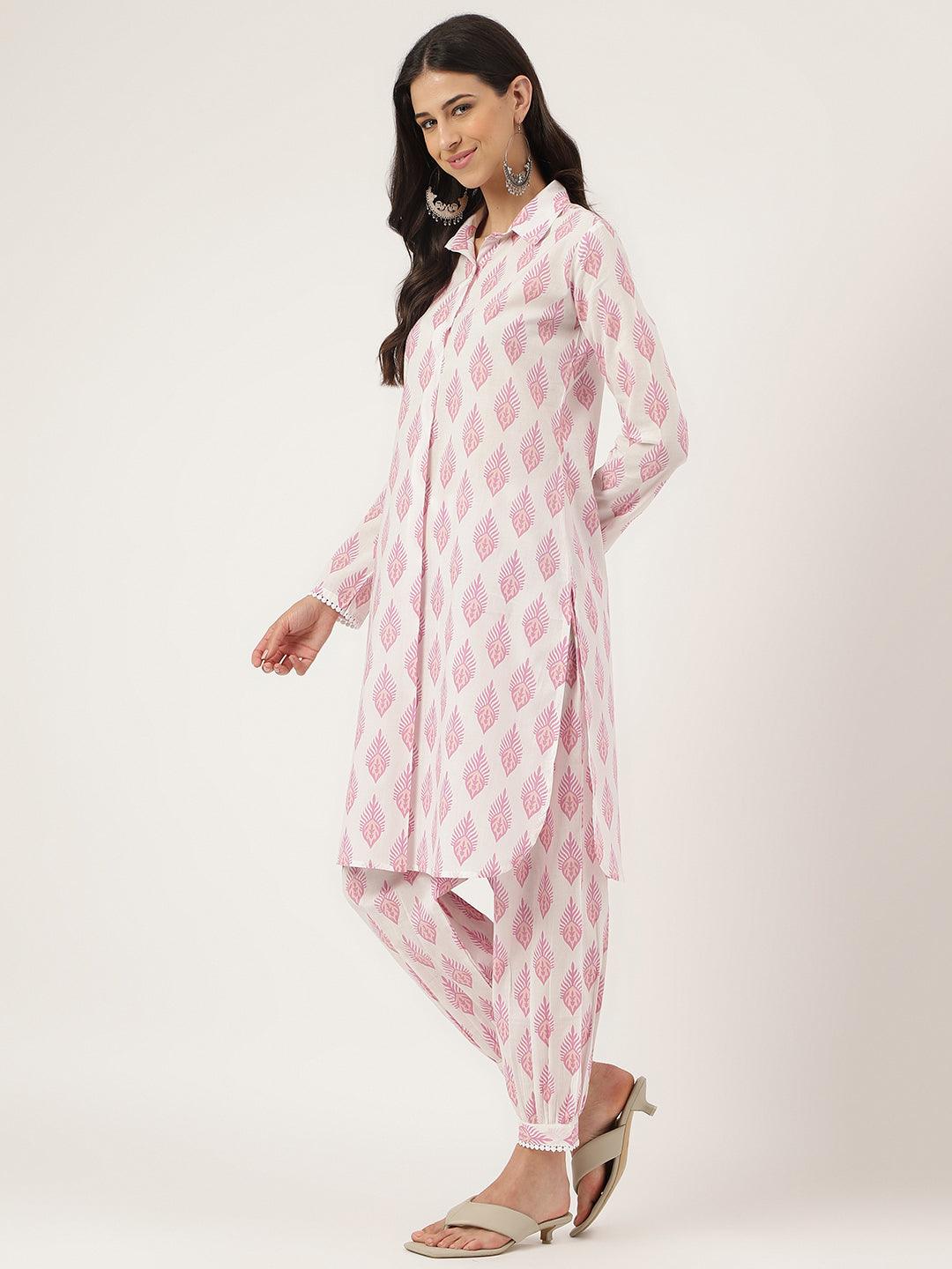  White Cotton Straight Kurta Hem Cuffed Pant set -  world
