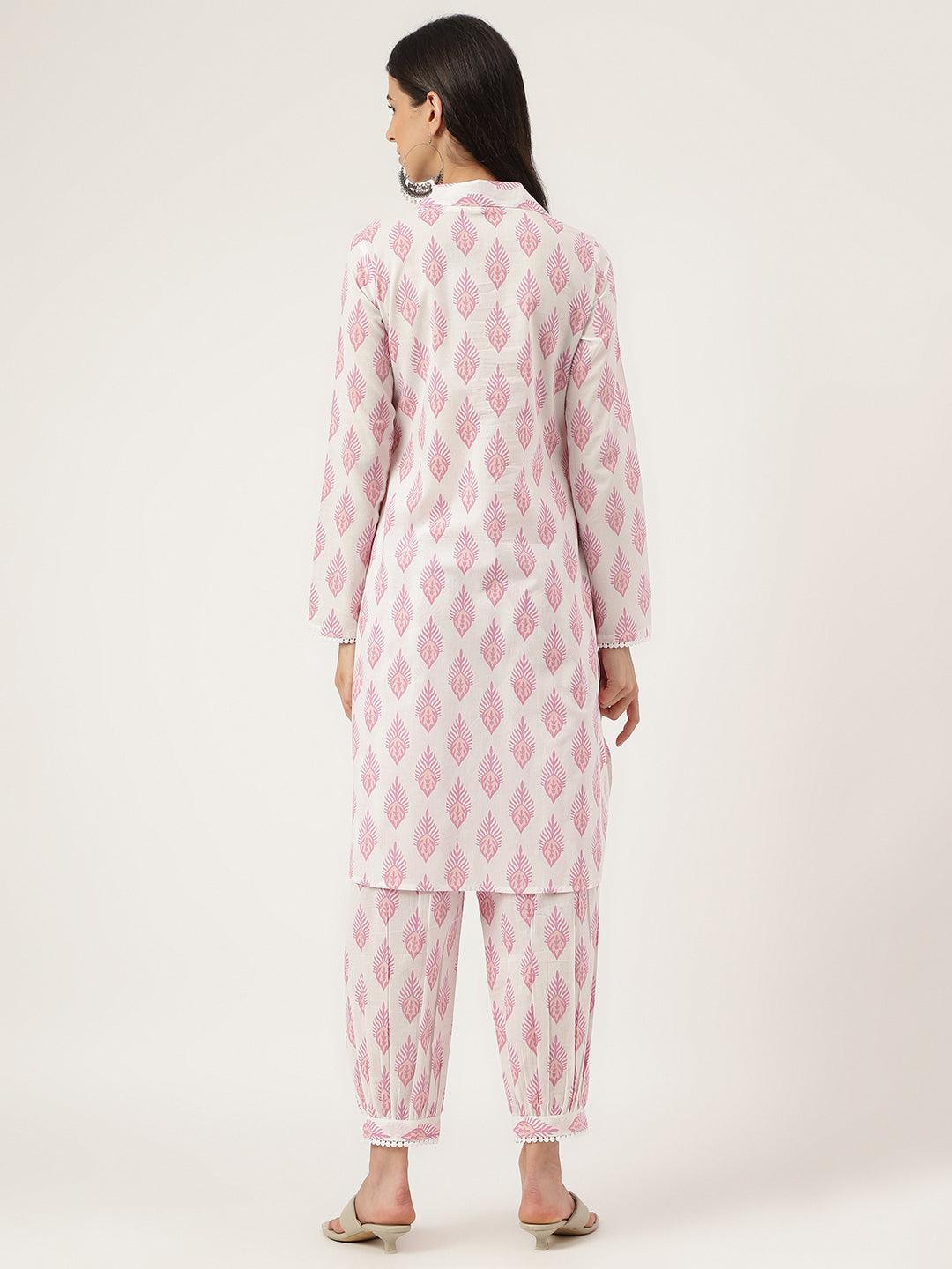  White Cotton Straight Kurta Hem Cuffed Pant set -  world