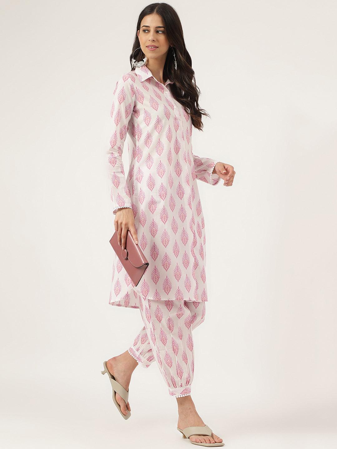  White Cotton Straight Kurta Hem Cuffed Pant set -  world