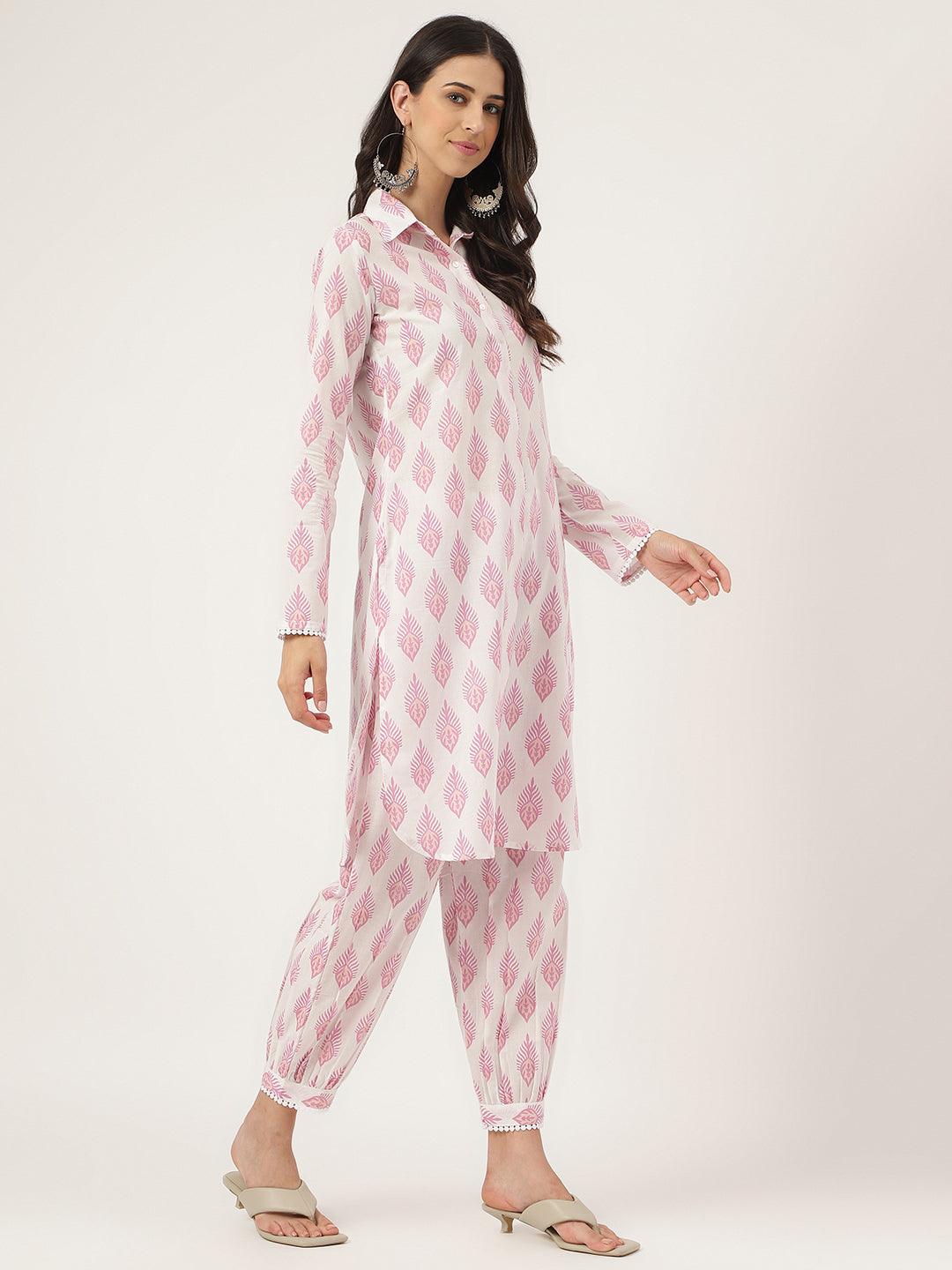  White Cotton Straight Kurta Hem Cuffed Pant set -  world