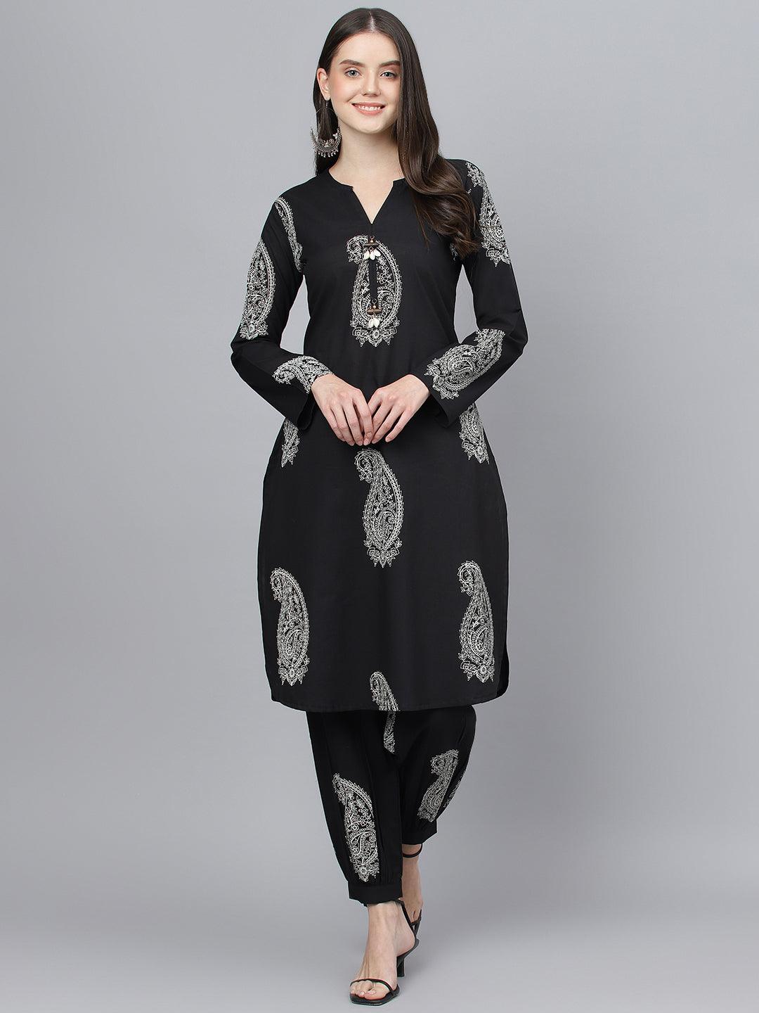  Black Cotton Straight Kurta Hem Cuffed Pant set -  world