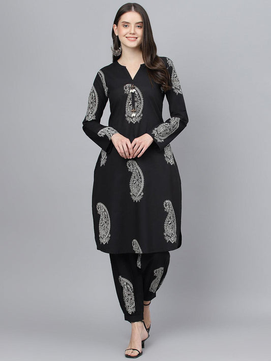  Black Cotton Straight Kurta Hem Cuffed Pant set -  world
