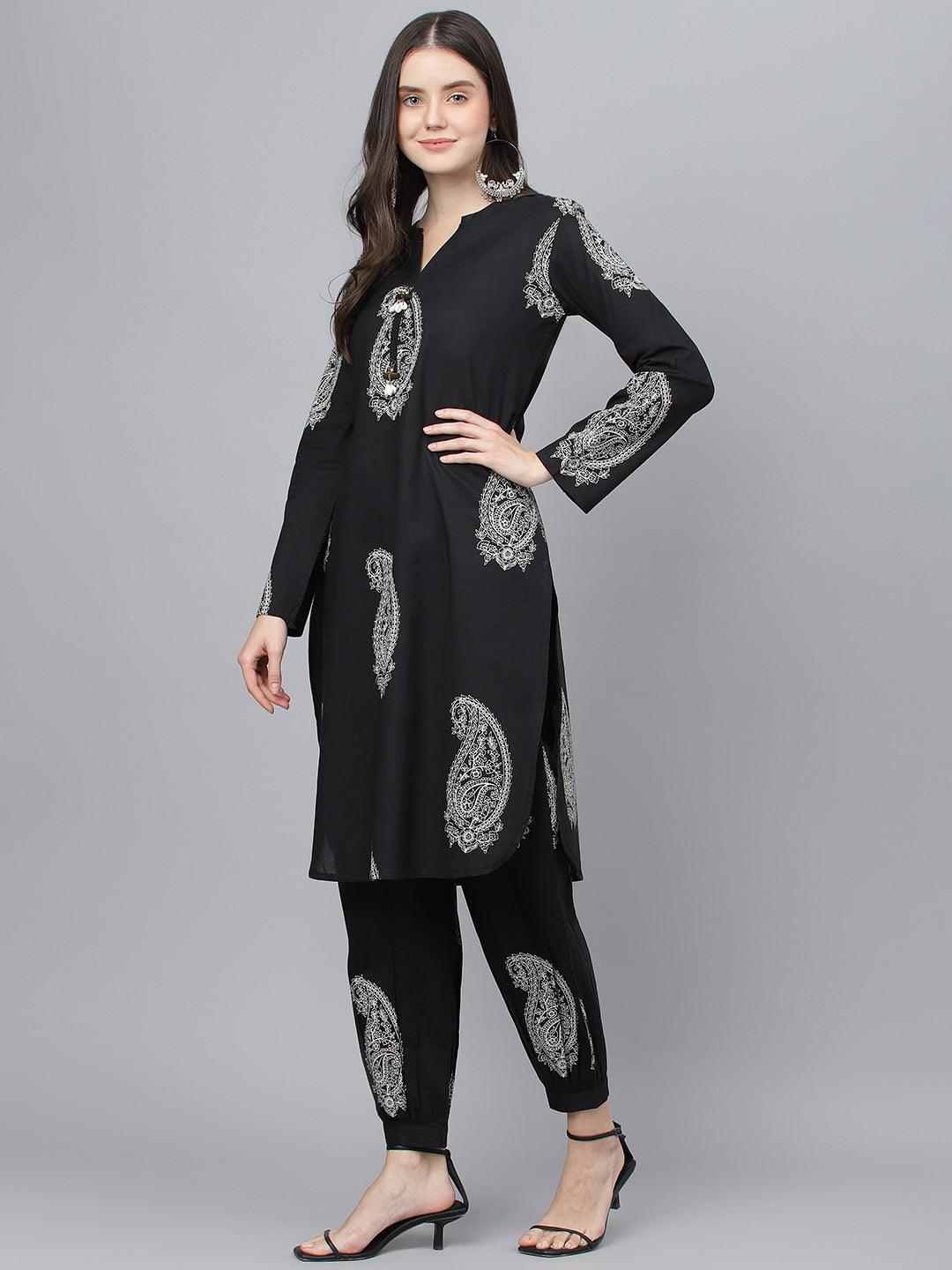  Black Cotton Straight Kurta Hem Cuffed Pant set -  world
