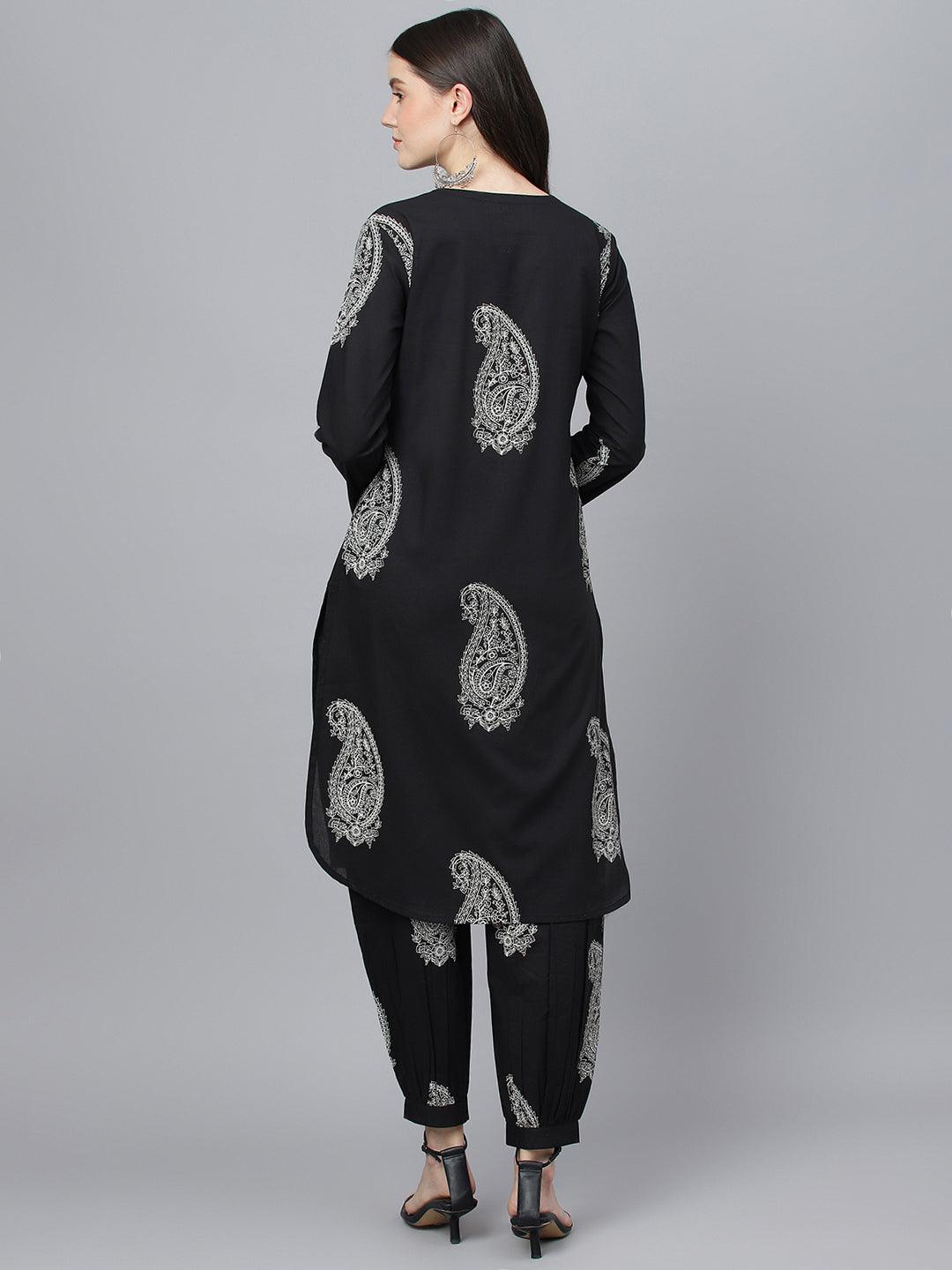  Black Cotton Straight Kurta Hem Cuffed Pant set -  world