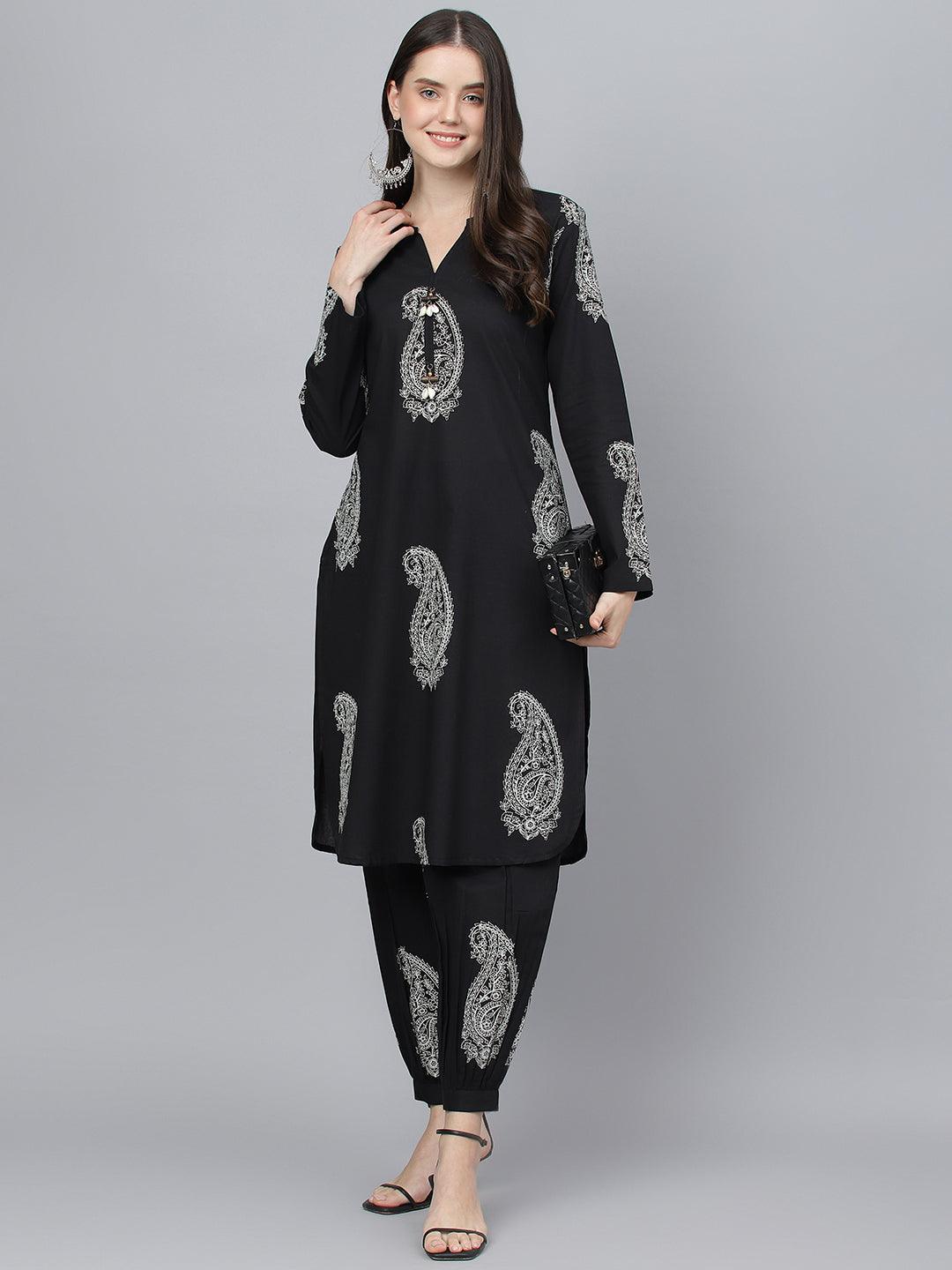  Black Cotton Straight Kurta Hem Cuffed Pant set -  world