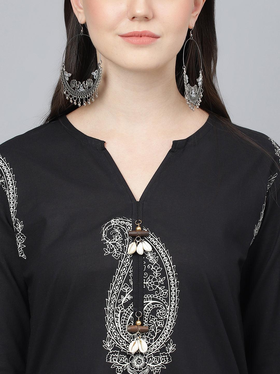  Black Cotton Straight Kurta Hem Cuffed Pant set -  world