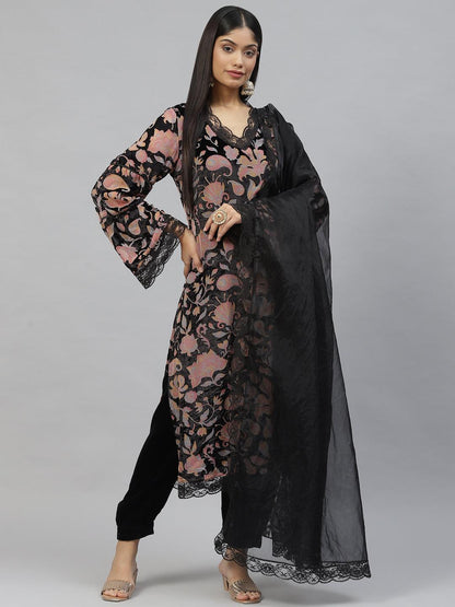  Black Burn out Velvet Kurta Haram Pant with Organza Dupatta -  world