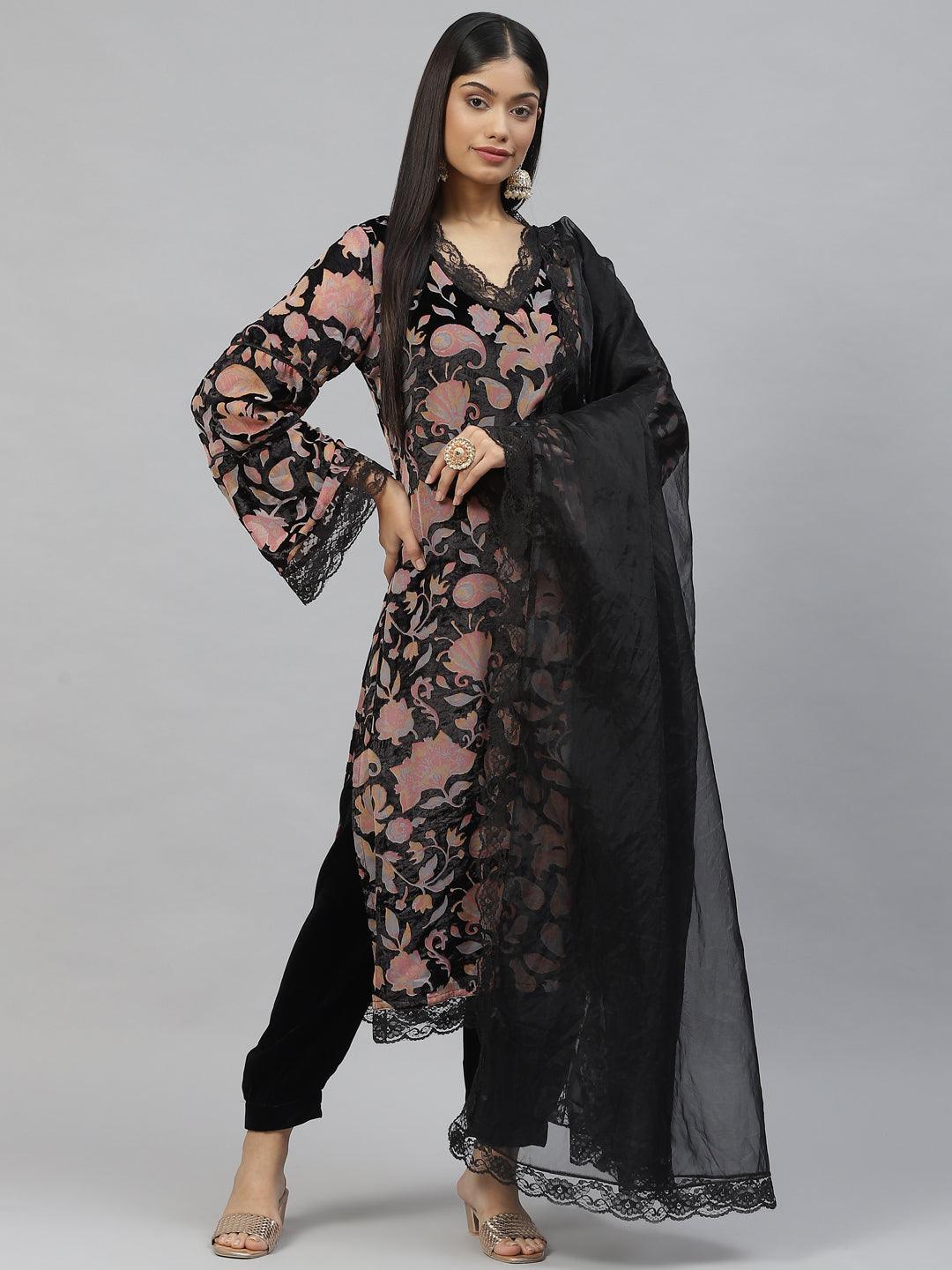  Black Burn out Velvet Kurta Harem Pant with Organza Dupatta -  world