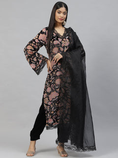 Black Burn out Velvet Kurta Haram Pant with Organza Dupatta