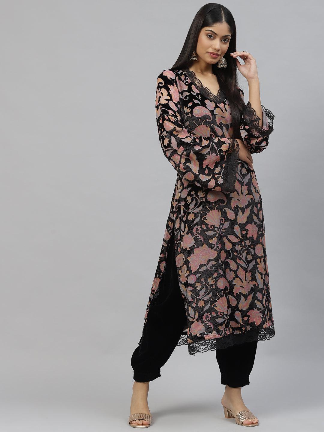  Black Burn out Velvet Kurta Haram Pant with Organza Dupatta -  world