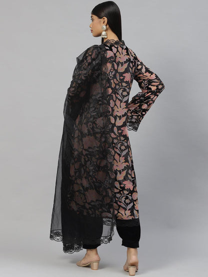  Black Burn out Velvet Kurta Haram Pant with Organza Dupatta -  world