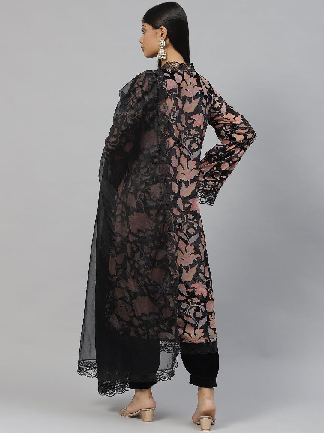  Black Burn out Velvet Kurta Harem Pant with Organza Dupatta -  world