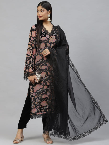  Black Burn out Velvet Kurta Haram Pant with Organza Dupatta -  world