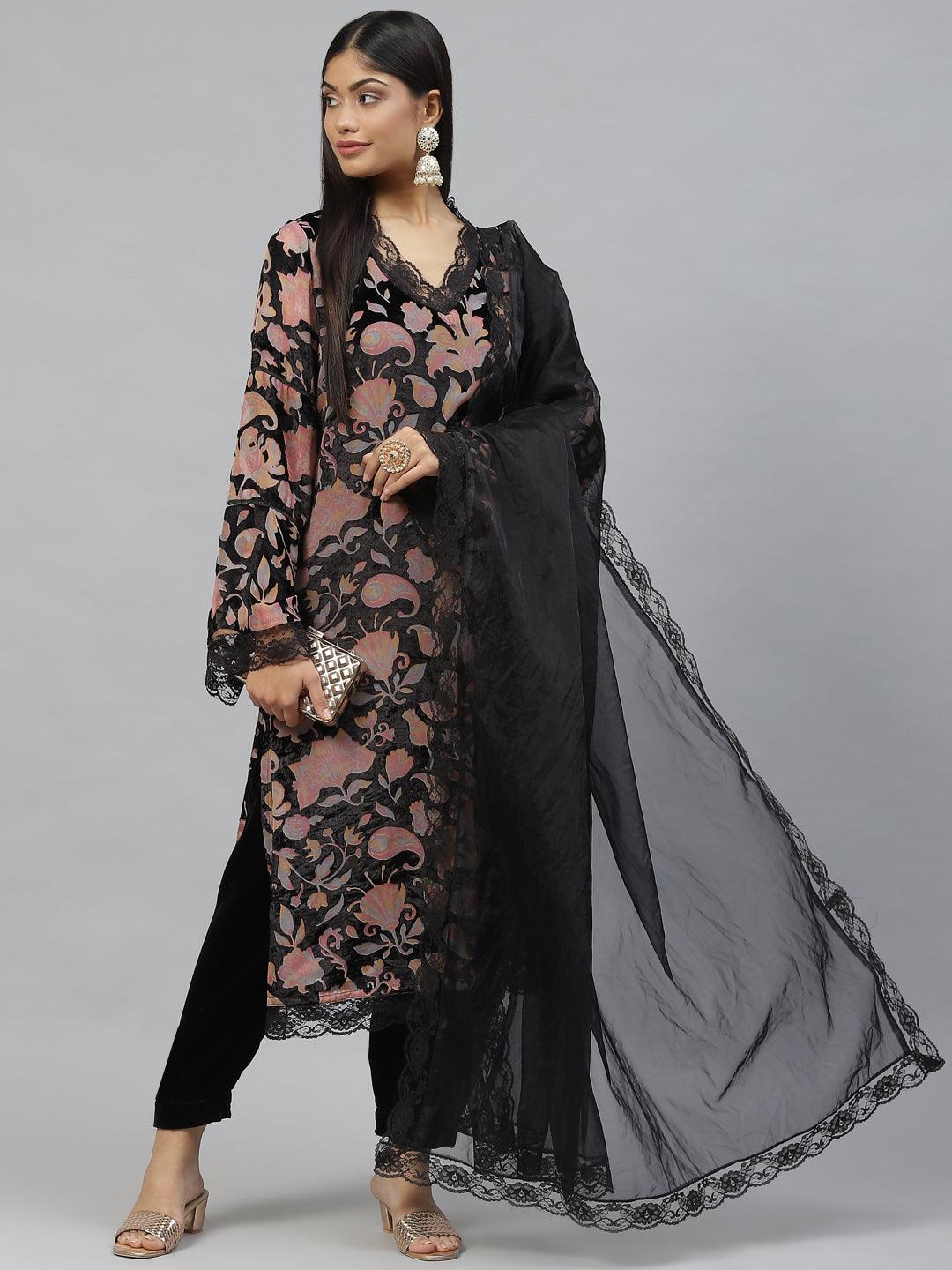  Black Burn out Velvet Kurta Harem Pant with Organza Dupatta -  world