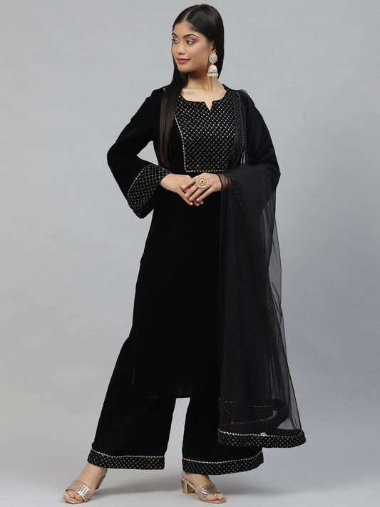  Black Velvet hand work Kurta pant With Net Dupatta set -  world