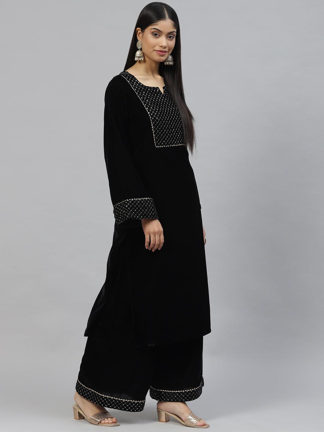  Black Velvet hand work Kurta pant With Net Dupatta set -  world