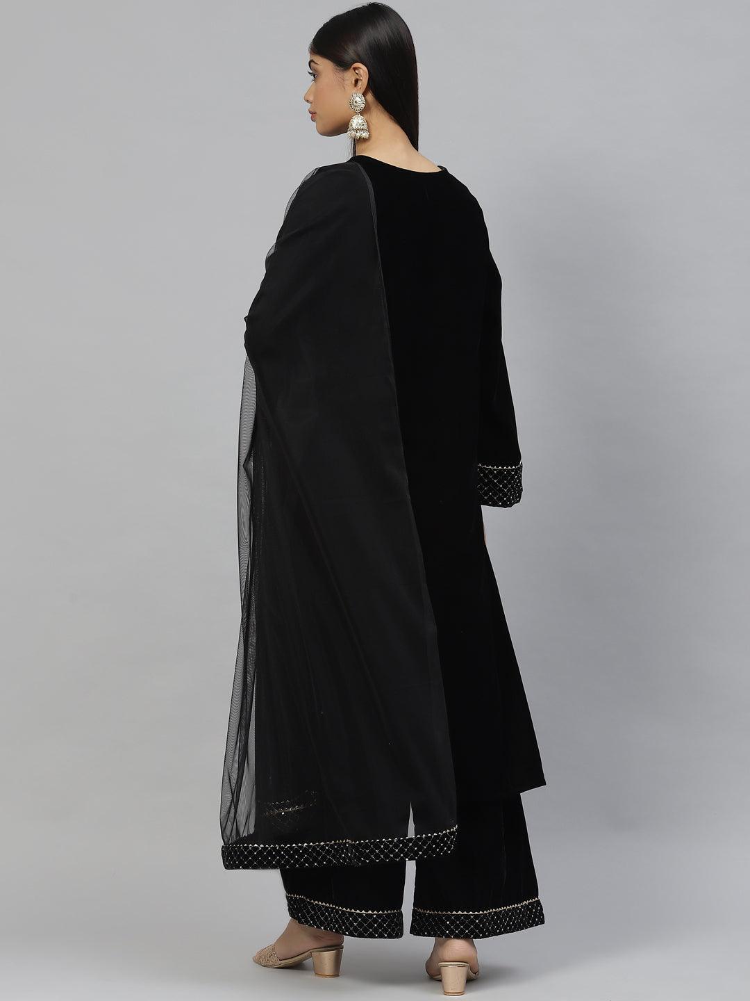  Black Velvet hand work Kurta pant With Net Dupatta set -  world
