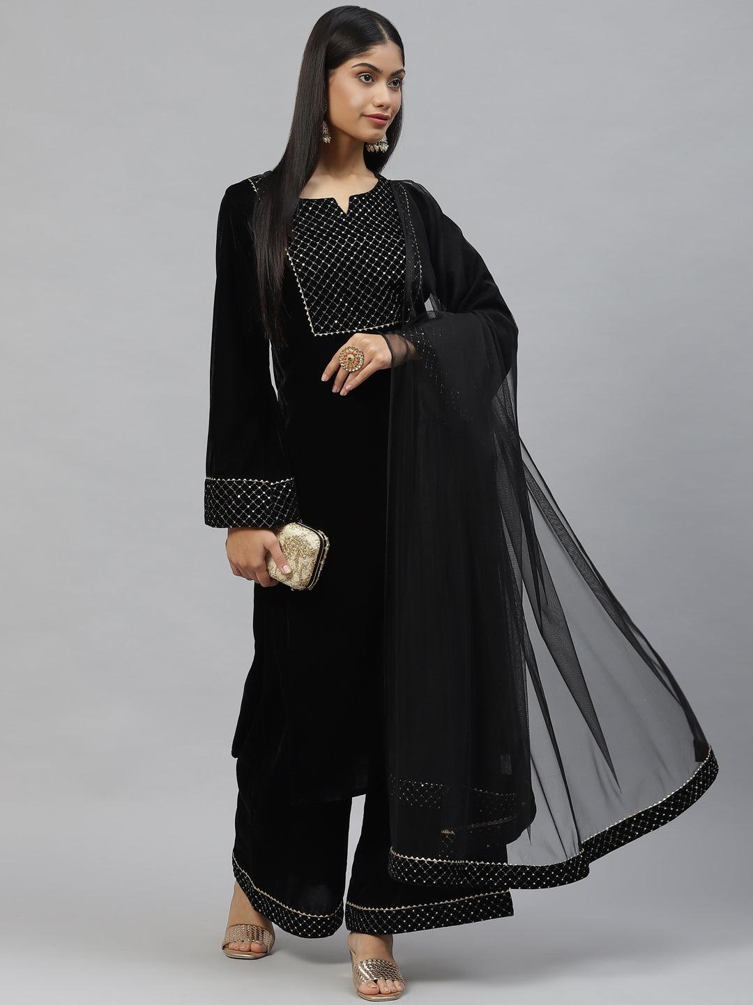  Black Velvet hand work Kurta pant With Net Dupatta set -  world