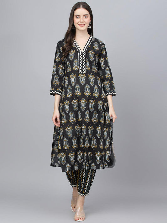 Black Cotton Straight Kurta Hem Cuffed Pant set -  world