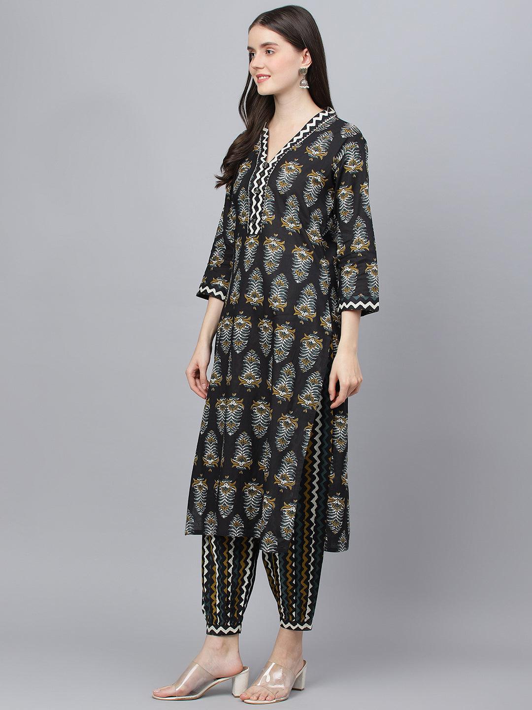  Black Cotton Straight Kurta Hem Cuffed Pant set -  world